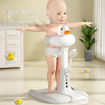 Portable Non-slip Duck Shaped Baby Bath Racks Shower Helper Handle Adjust Length Stand Themselves for Standing Toddler Shower 1